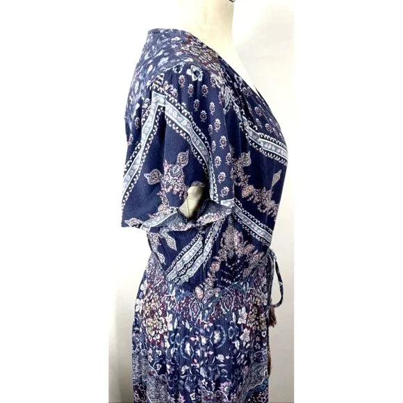 Knox Rose Midi Dress Size Large Rayon Short Sleeve Navy Blue/White Floral Boho - Picture 4 of 7